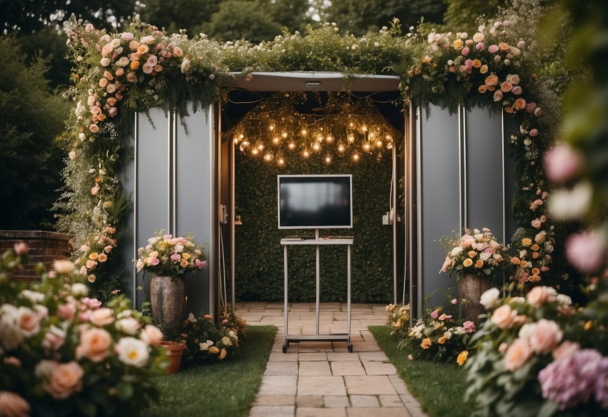 A photo booth stands against a floral backdrop at a 13th birthday party in a garden