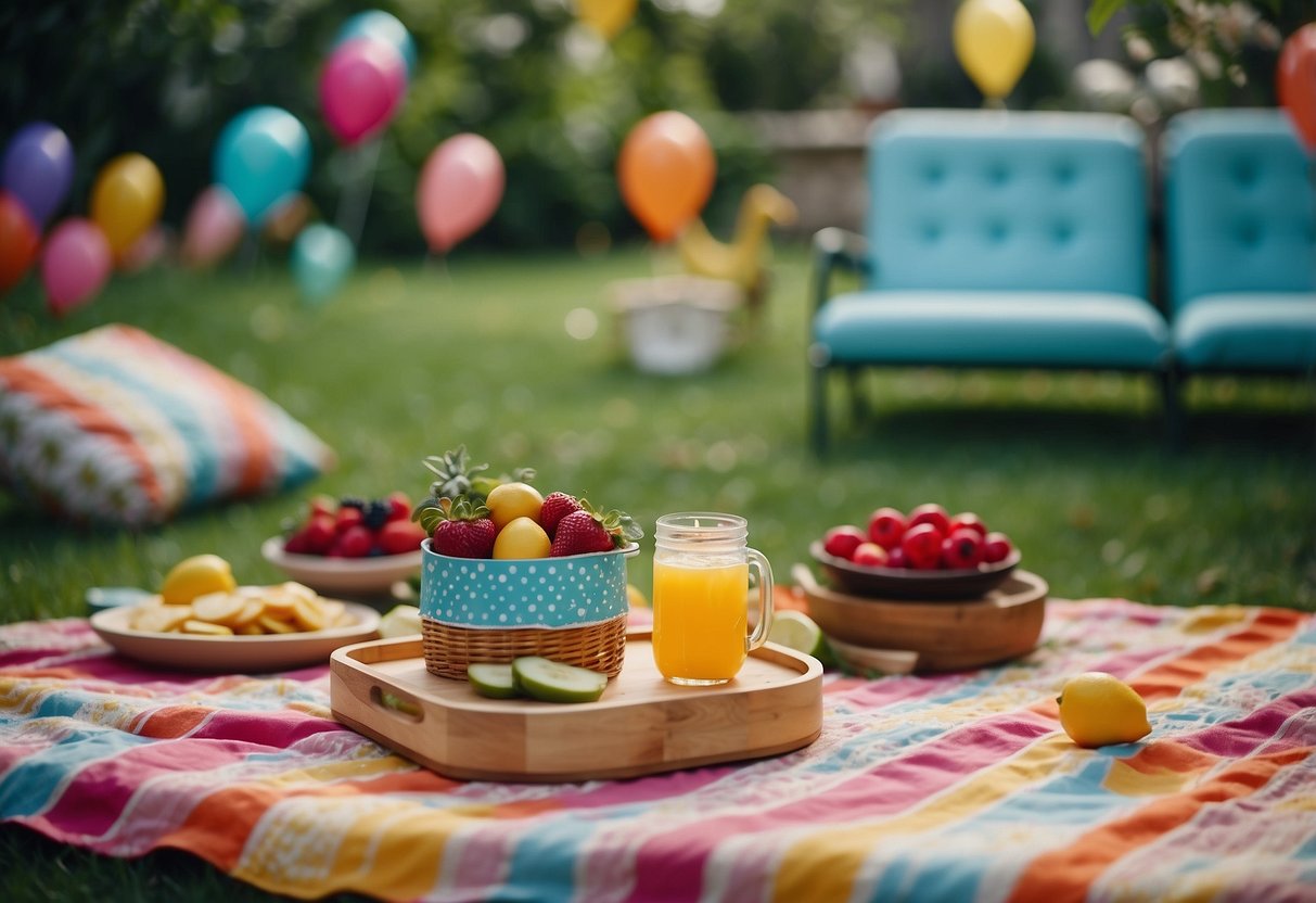 A colorful picnic blanket is spread out in a lush garden, surrounded by 13th birthday party decorations and seating arrangements