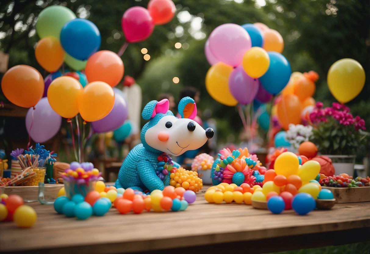 A balloon animal artist creates colorful sculptures in a lively garden setting for a 13th birthday party