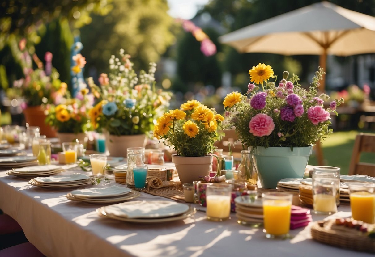 A garden party with crafting activities for a 13th birthday celebration. Tables filled with colorful supplies, surrounded by greenery and flowers. Sunshine and laughter fill the air