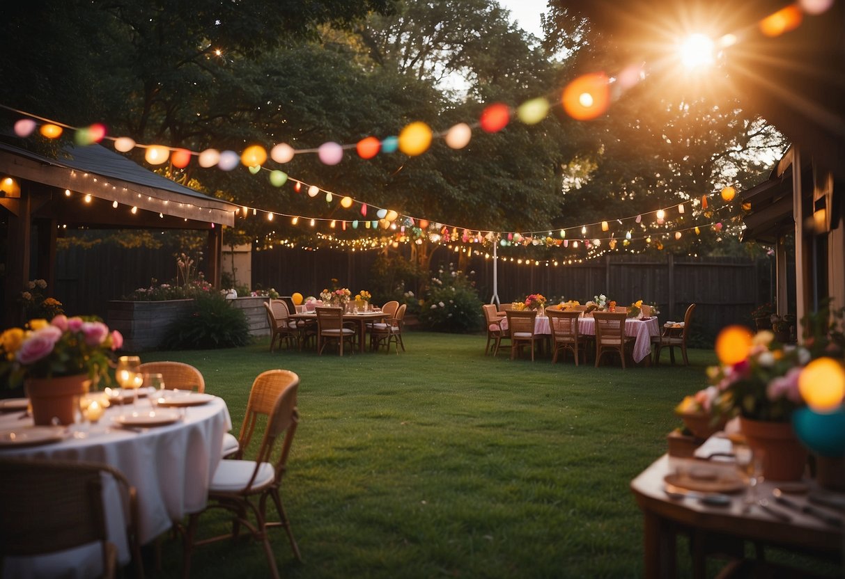 A garden filled with colorful decorations and twinkling lights sets the scene for a 13th birthday party. A barbecue sizzles as the sun sets, casting a warm glow over the festivities