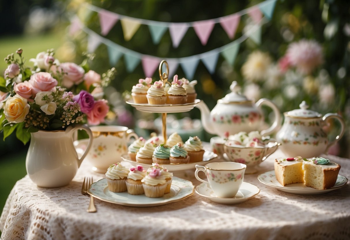 A garden tea party with colorful bunting, vintage teacups, and a tiered cake on a lace tablecloth. Flowers and greenery surround the setting