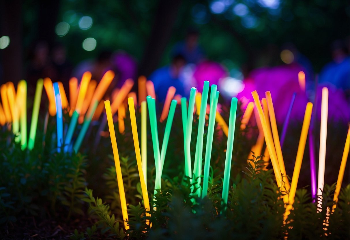 Colorful glow sticks light up a garden, illuminating a dance party for a 13th birthday celebration