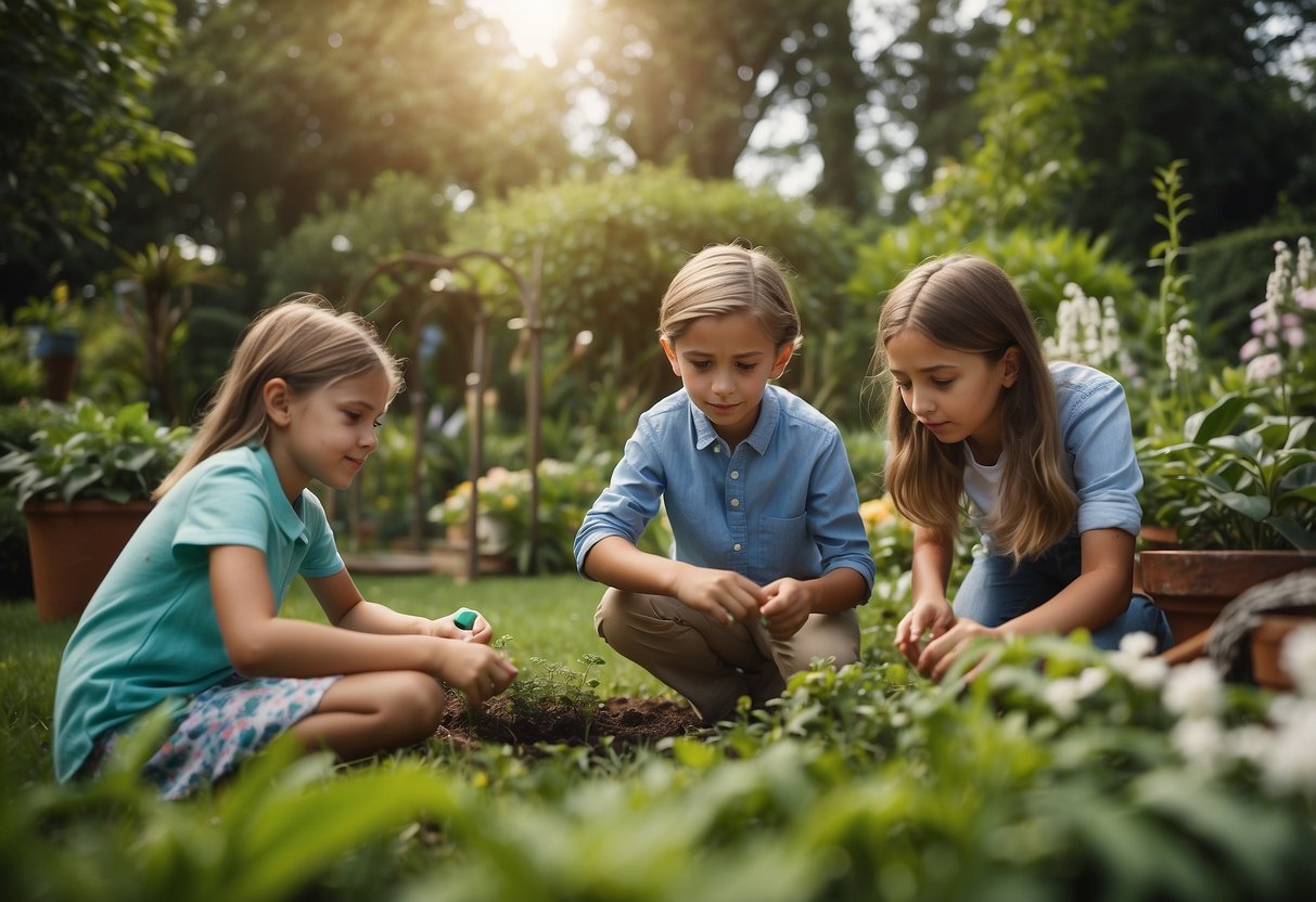 Children search for hidden treasures in a lush garden, following clues and solving riddles during a 13th birthday party