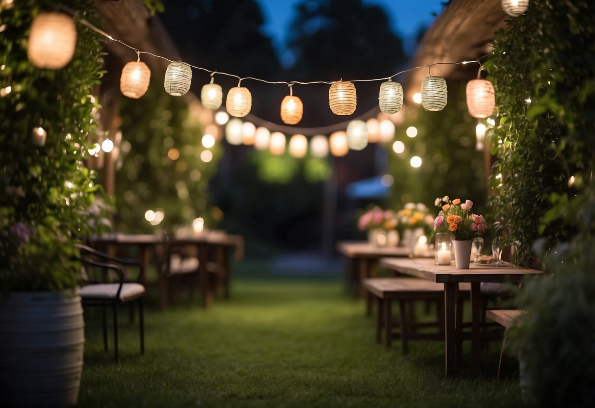 A garden adorned with twinkling fairy lights and colorful lanterns, surrounded by lush greenery and blooming flowers, creating a magical atmosphere for a 13th birthday party