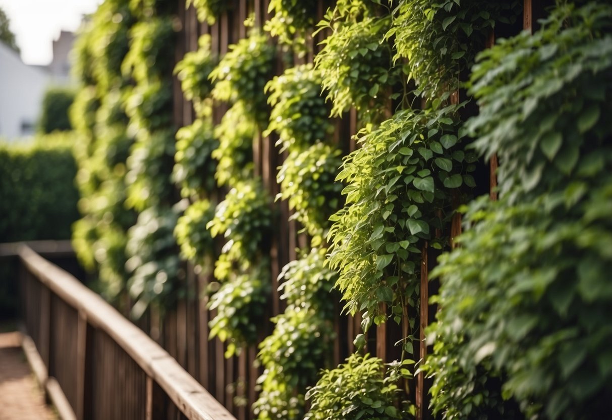 A lush, green wall of plants cascades down from a wooden trellis, creating a vibrant and natural focal point in the 1970s garden