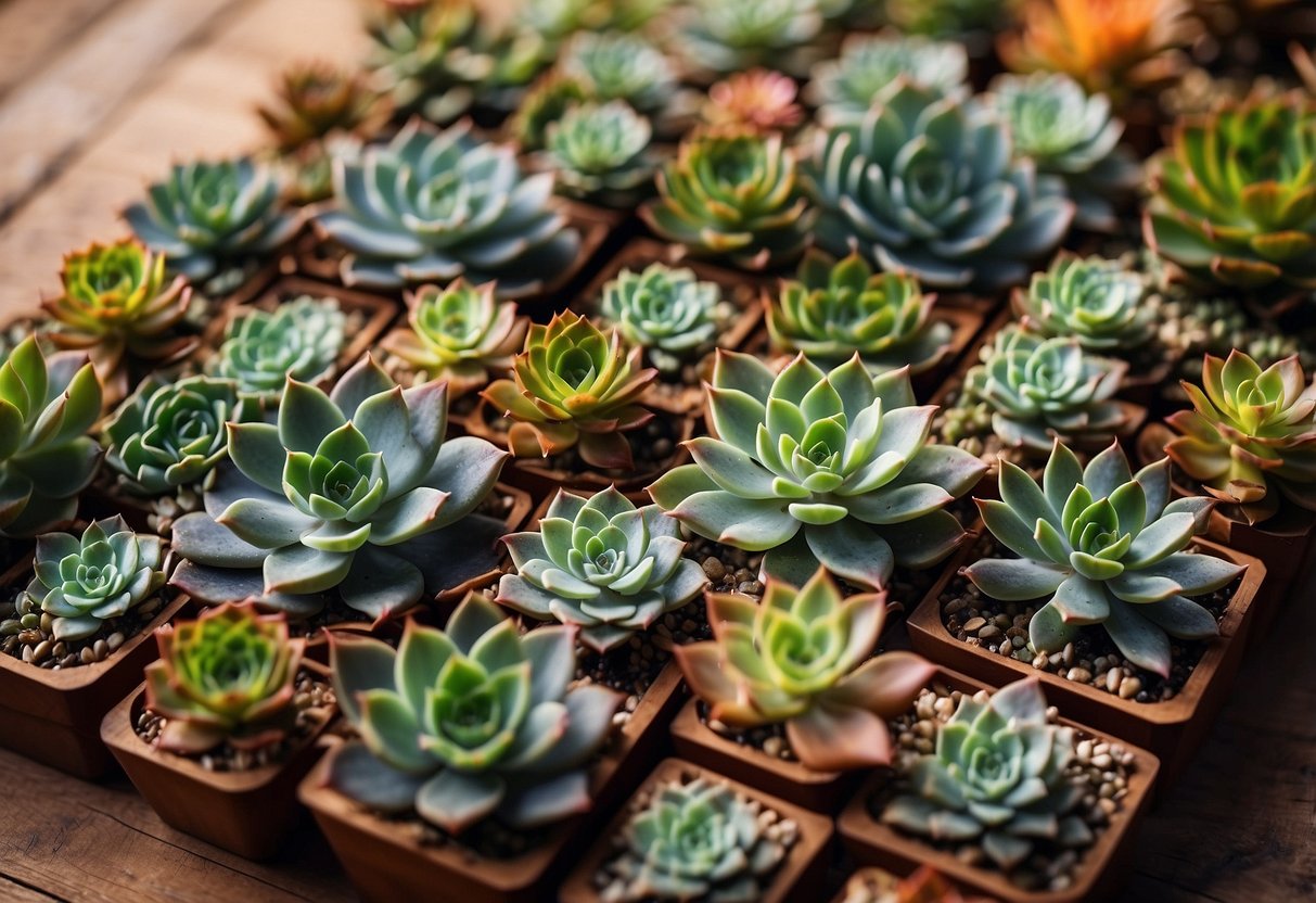 A vibrant array of succulents arranged in geometric patterns on a wooden backdrop, evoking a retro 70s garden aesthetic