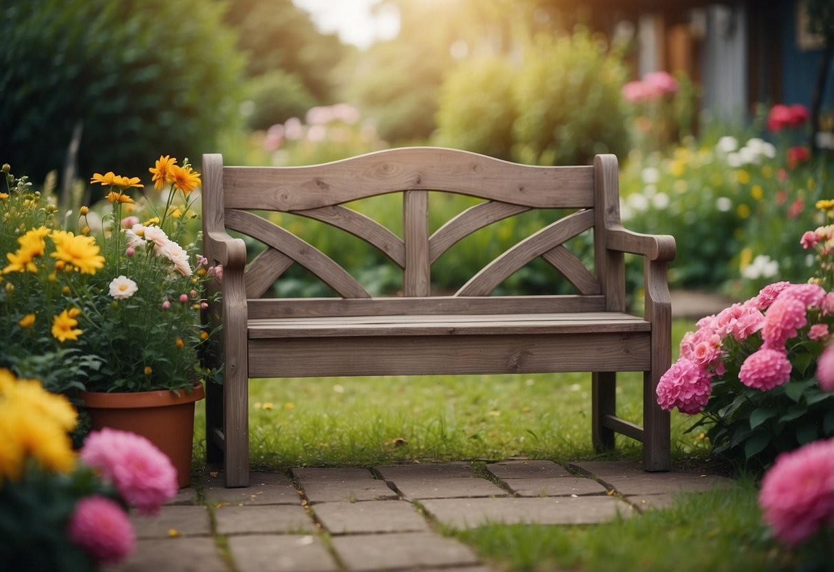 A wooden garden bench surrounded by colorful flowers and vintage decor