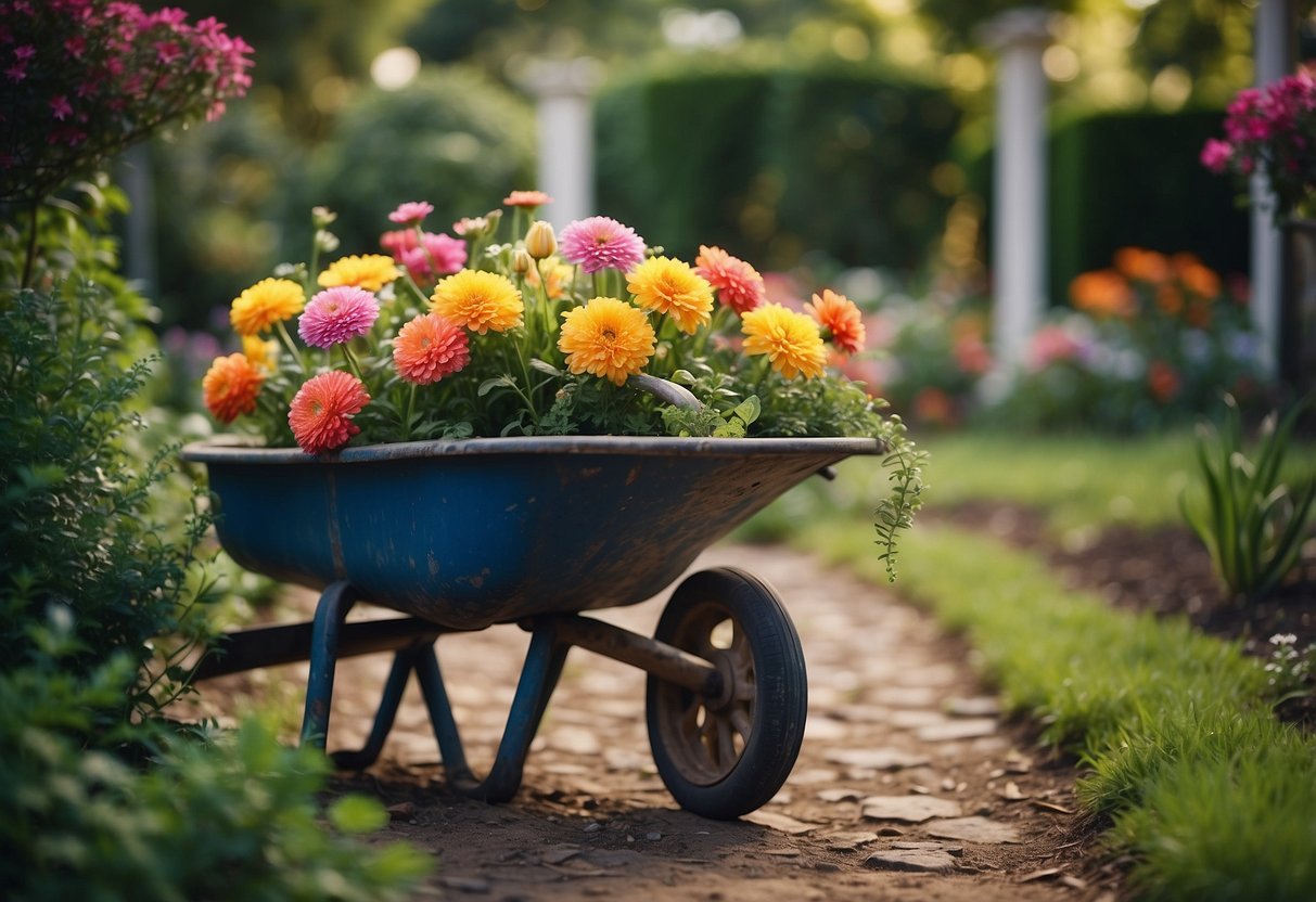 A weathered vintage wheelbarrow overflows with vibrant flowers, nestled among lush greenery in a 1970s garden setting