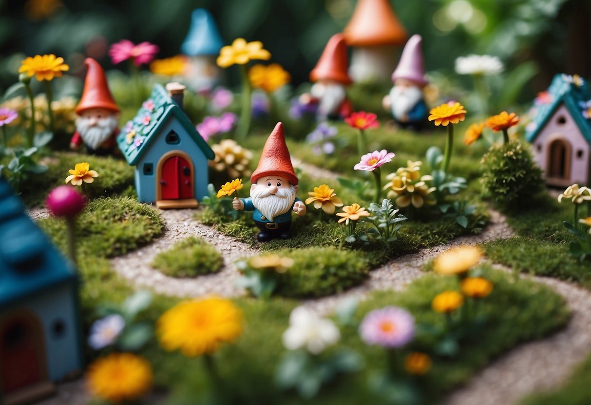 A whimsical garden filled with colorful garden gnomes, tiny houses, and winding pathways, surrounded by vibrant flowers and lush greenery