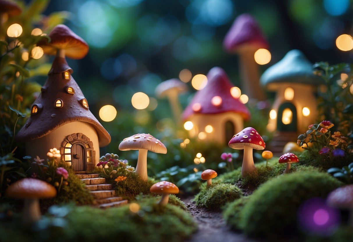 A whimsical fairy garden with colorful flowers, mushroom houses, and twinkling lights nestled among lush green foliage