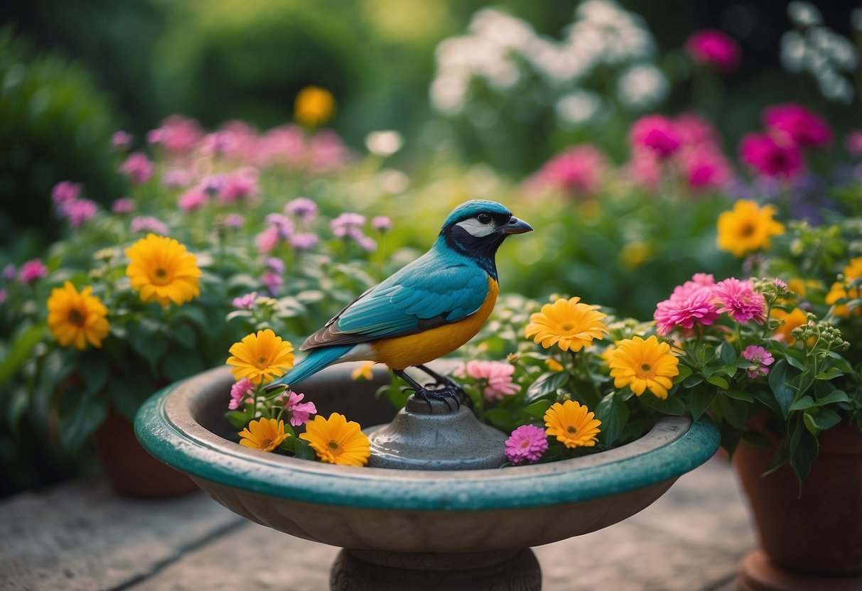 A vintage bird bath planter surrounded by colorful flowers and lush greenery, evoking a 70s garden aesthetic