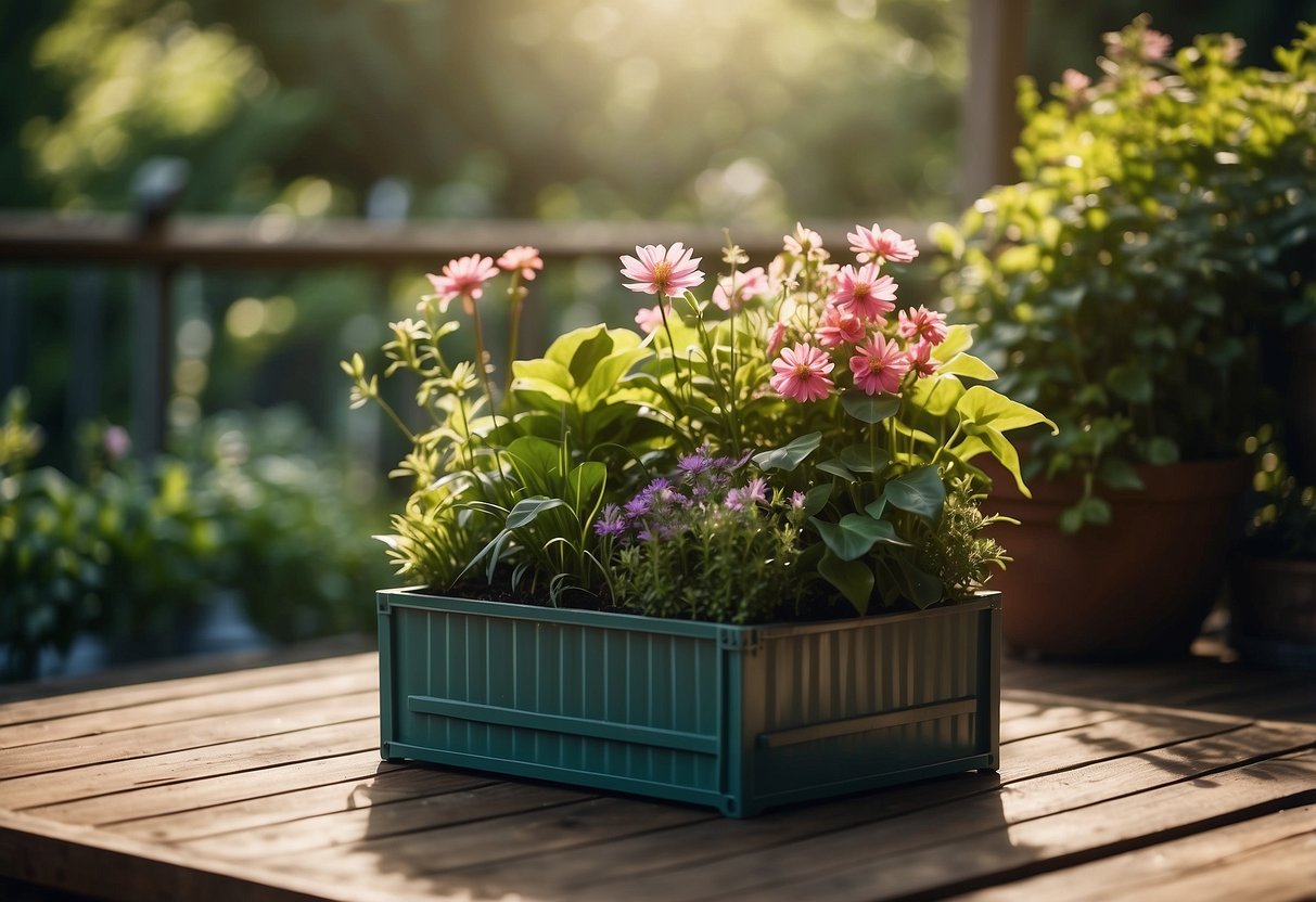 A container water garden sits on a wooden deck, surrounded by lush green plants and colorful flowers. The sun shines down, casting dappled light on the tranquil scene