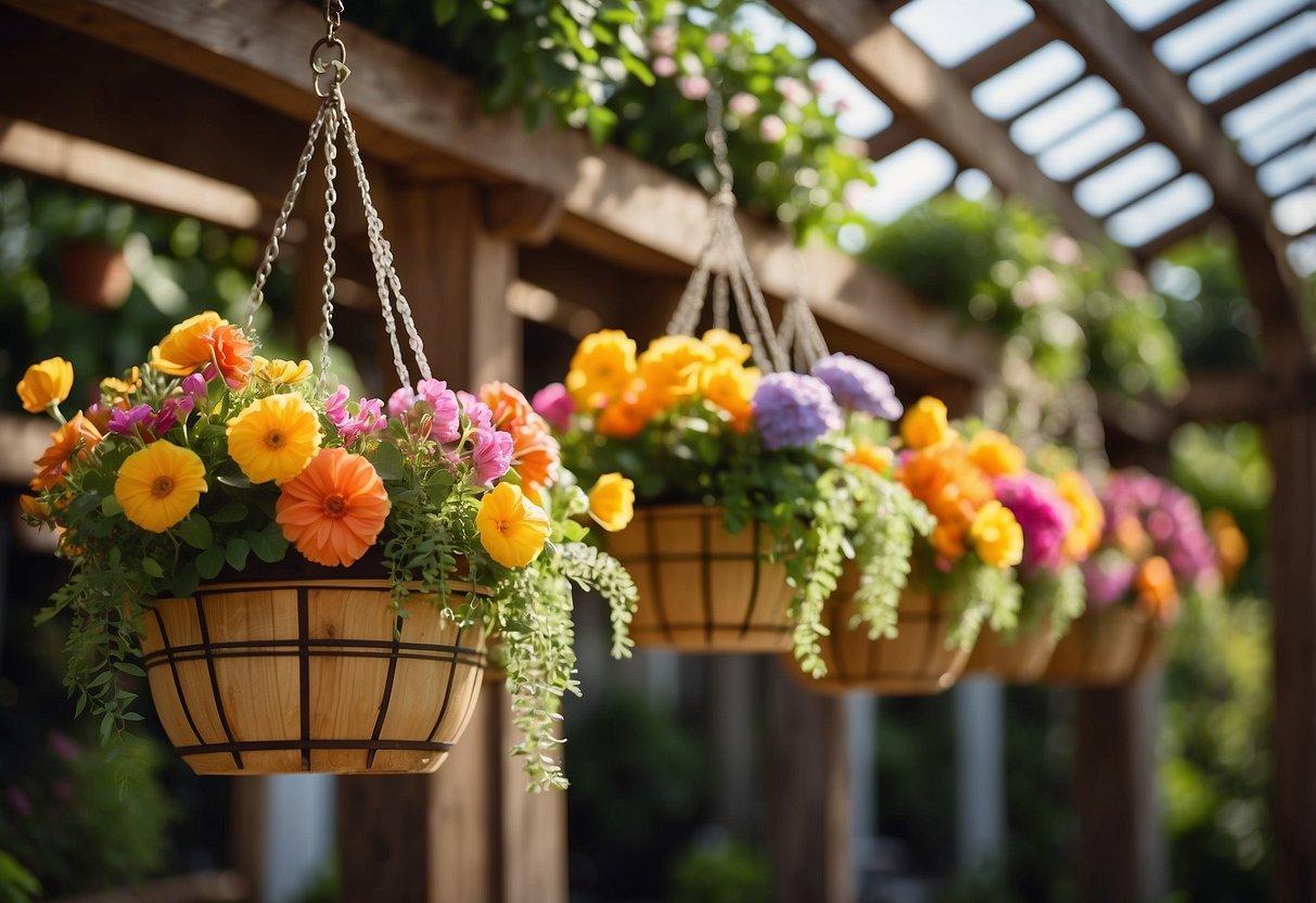 Colorful flower baskets hang from a wooden pergola in a lush garden, evoking a 70s vibe with their retro design and vibrant blooms