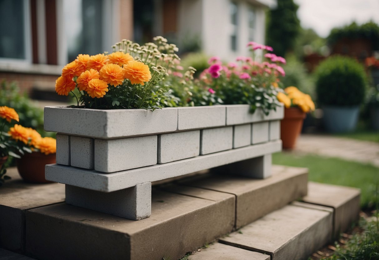 A cinder block planter sits in a 70s garden, filled with vibrant flowers and surrounded by retro outdoor furniture