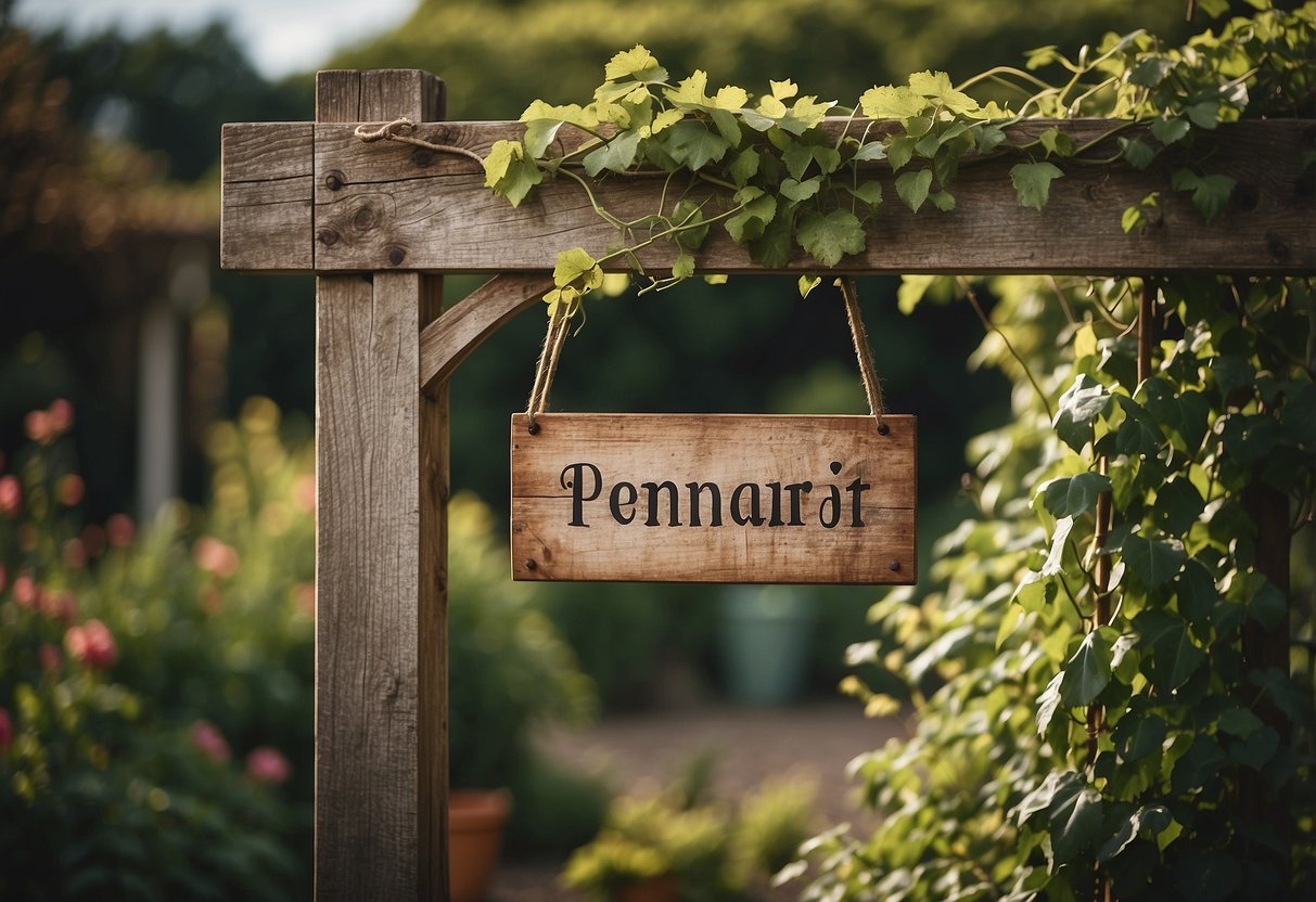 A weathered wooden sign hangs from a vine-covered trellis in a vintage garden setting