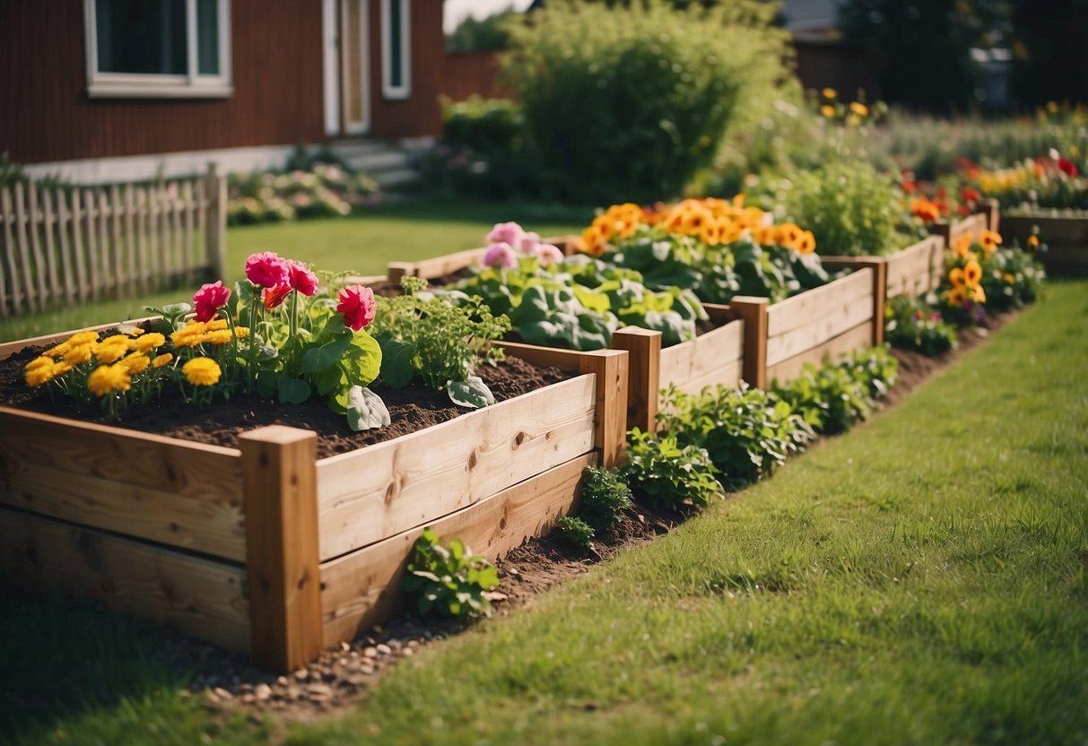 Three raised garden beds filled with vibrant flowers and vegetables, surrounded by a lush green lawn and vintage 70s style decor