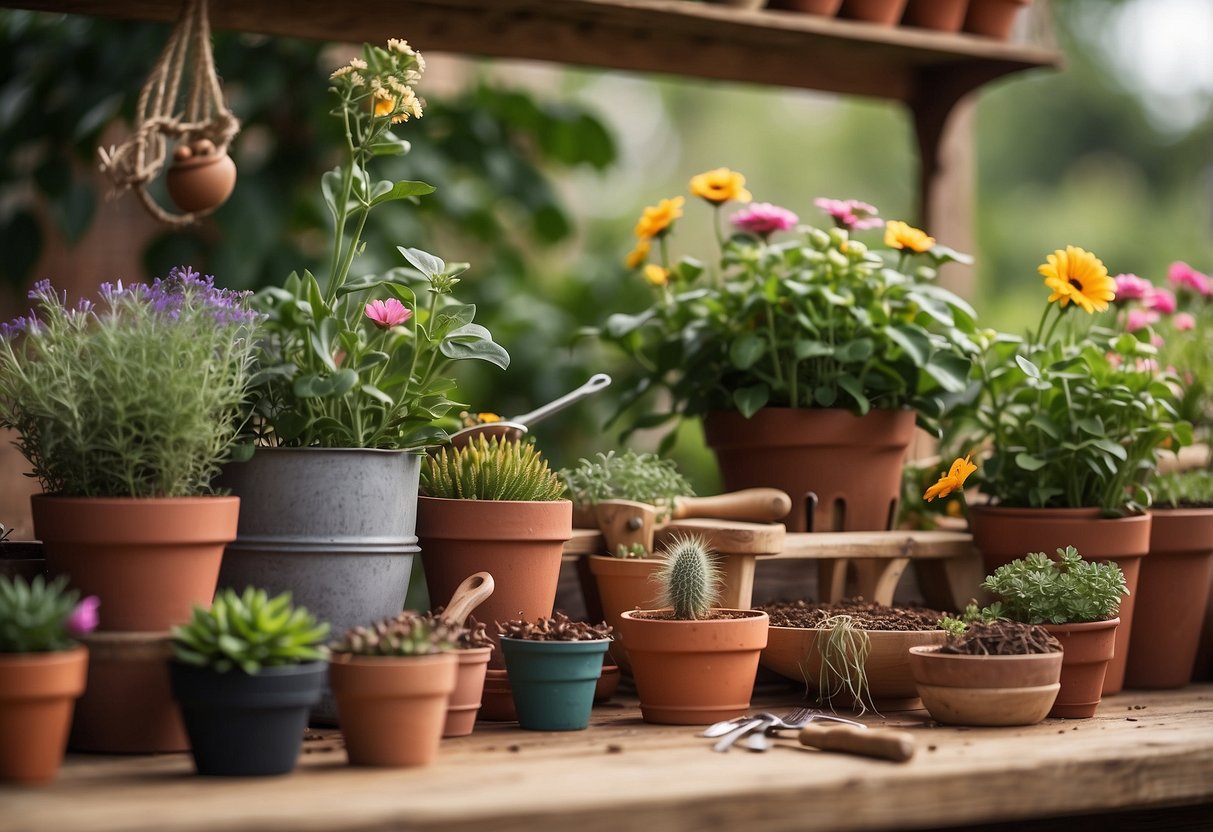 A wooden potting bench with vintage garden tools, potted plants, and a colorful array of seed packets scattered across the surface