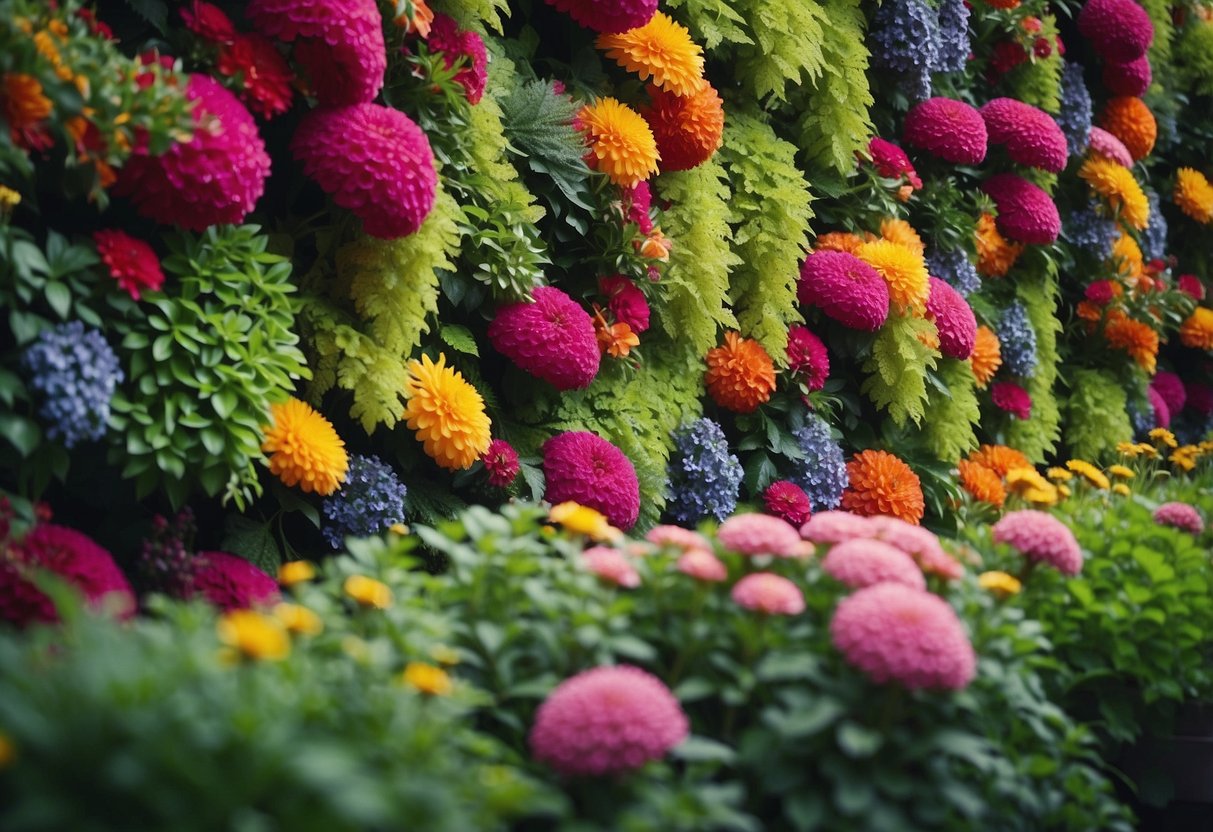 A vibrant, lush living wall filled with colorful flowers and cascading greenery, surrounded by retro 70s garden decor