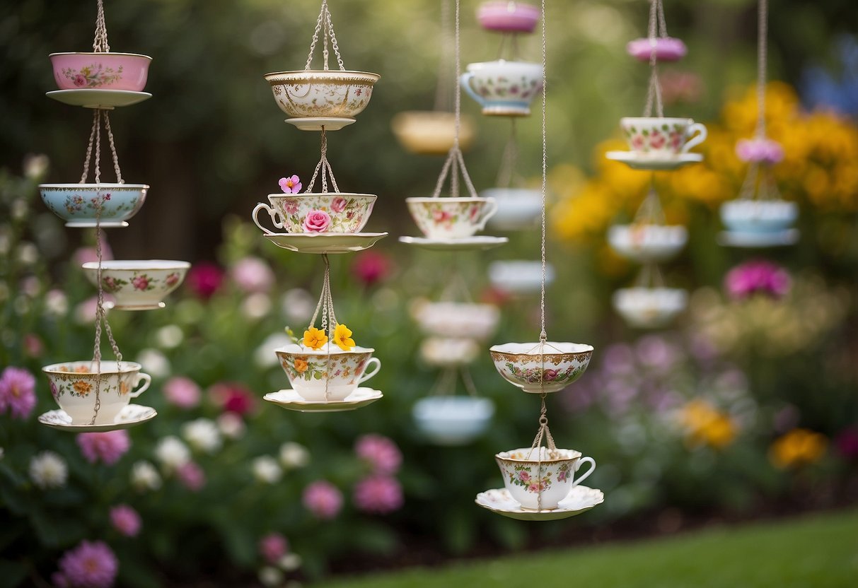 Bird feeders hang from vintage teacups in a whimsical garden. Flowers bloom around the feeders, creating a colorful and charming scene