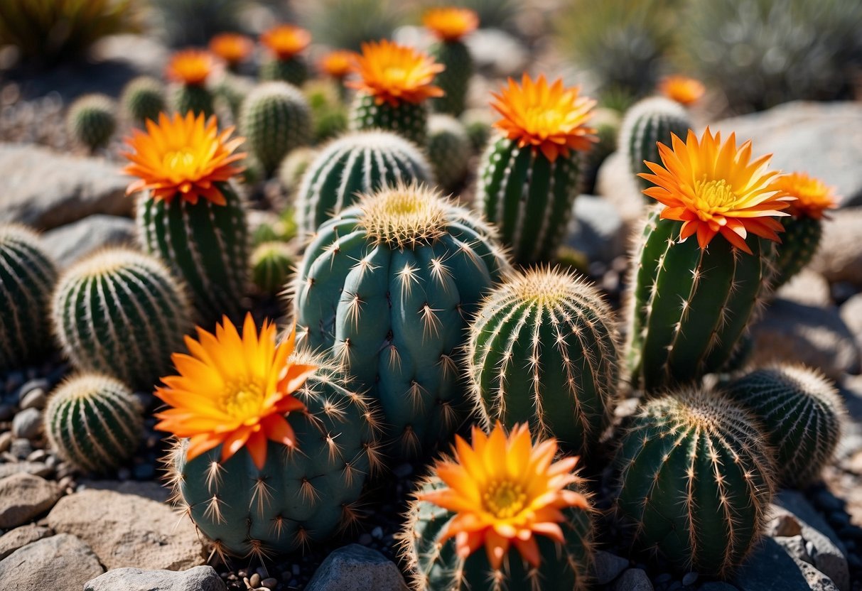 Vibrant cacti in a rocky desert garden, with bold, abstract patterns and colors