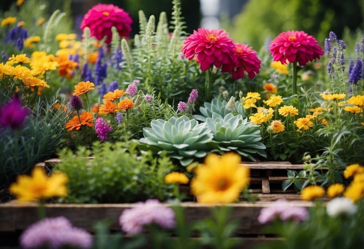 A colorful, abstract garden made from repurposed pallets, filled with vibrant flowers and greenery, creating an artistic and sustainable outdoor space