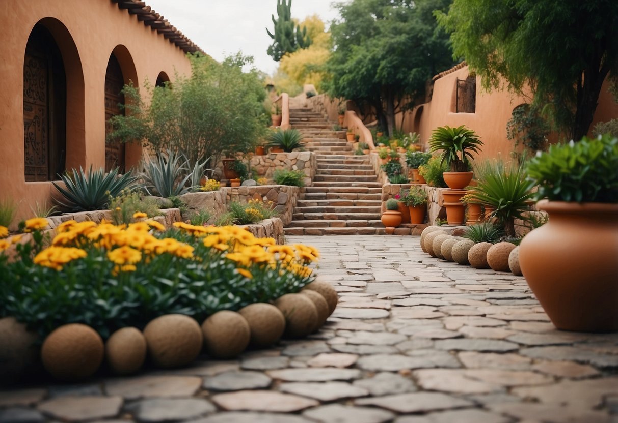 An aztec garden with Tlaquepaque pottery, vibrant flowers, and intricate stone pathways