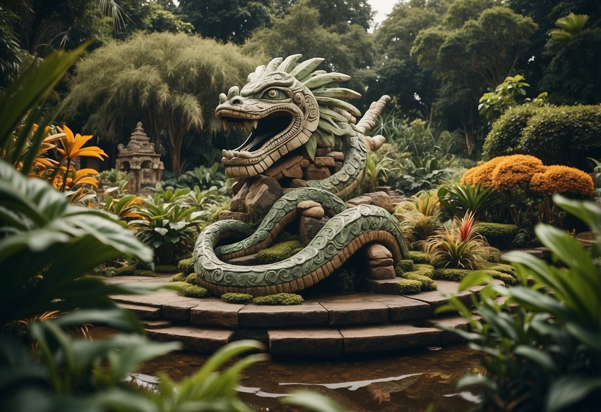 Feathered serpent sculptures stand tall among lush Aztec garden, surrounded by vibrant flora and cascading water features