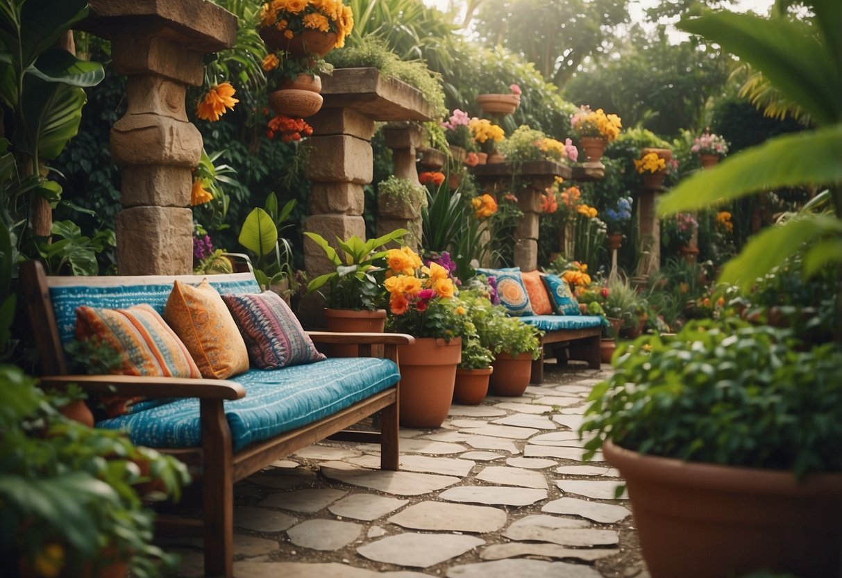 A lush Aztec garden filled with vibrant handwoven textiles draped over stone benches and hanging from trellises. Lush greenery and colorful flowers surround the textiles, creating a beautiful and inviting scene