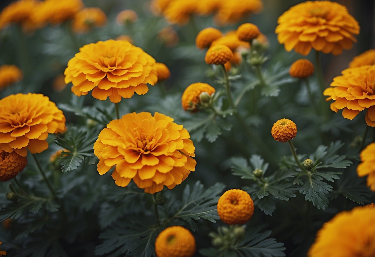 A vibrant garden of Cempasuchil Marigolds, inspired by Aztec culture, with geometric patterns and traditional elements