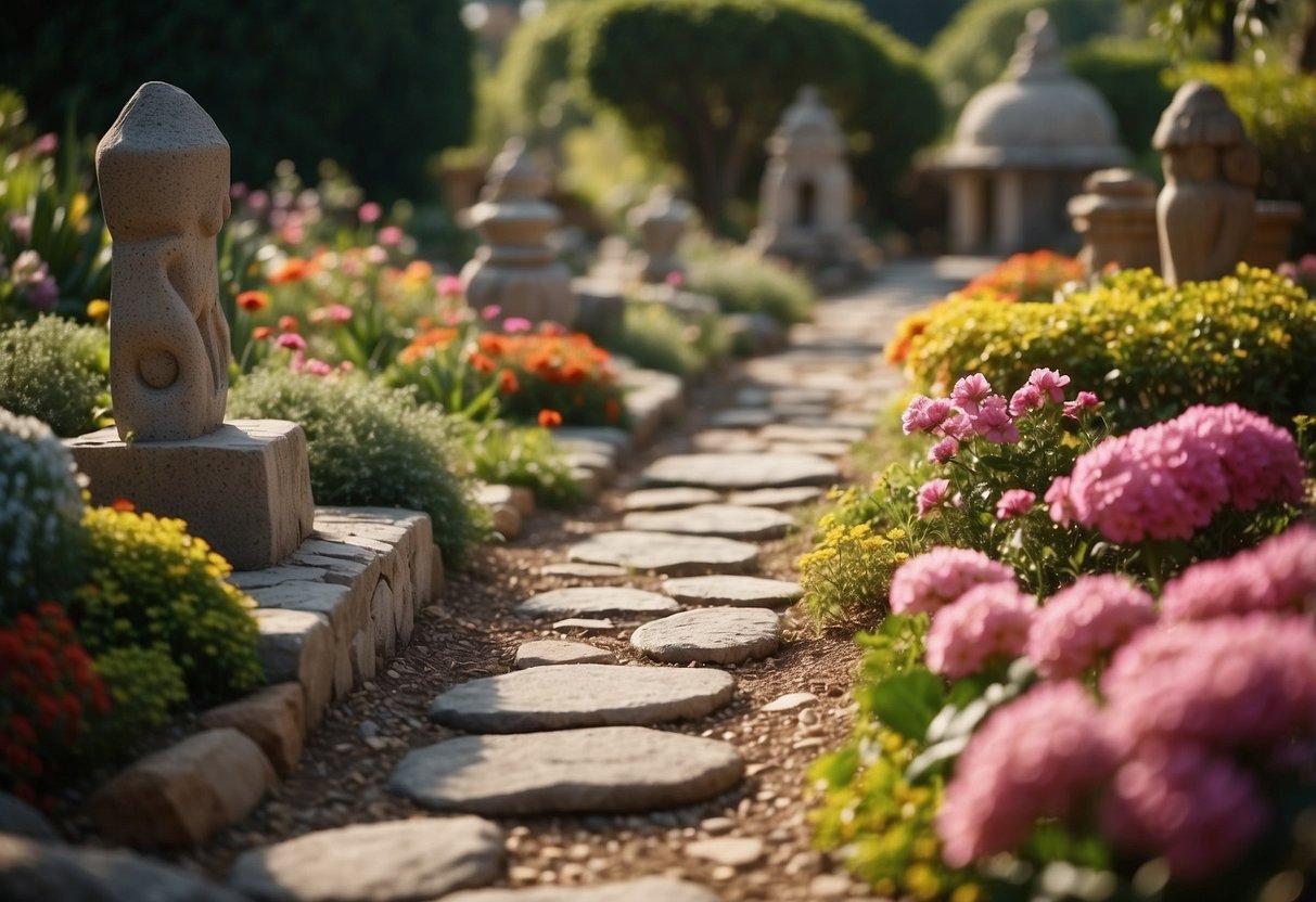 Stone pathways wind through an Aztec garden, bordered by vibrant flowers and lush greenery. Decorative statues and intricate mosaic designs add to the ancient ambiance