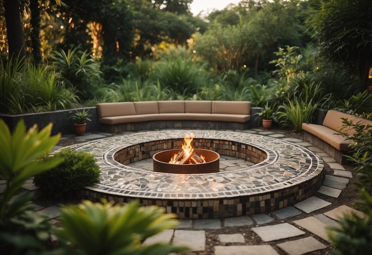 A circular mosaic fire pit surrounded by lush greenery and Aztec-inspired patterns, creating a tranquil and inviting garden space