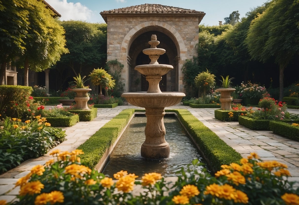 A lush garden with stone pathways, vibrant flowers, and Aztec-inspired sculptures and architecture. A central fountain surrounded by intricate mosaic designs and lush greenery completes the scene