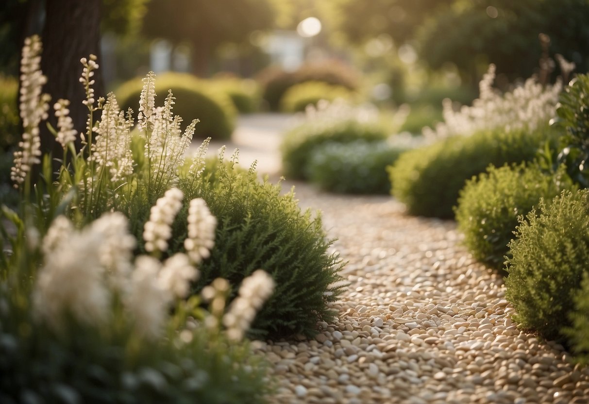 A winding beige pea gravel pathway through a serene garden landscape