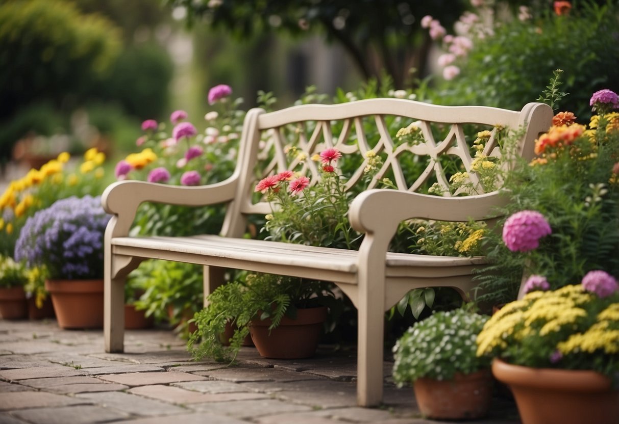 A beige sandstone garden bench surrounded by lush greenery and colorful flowers