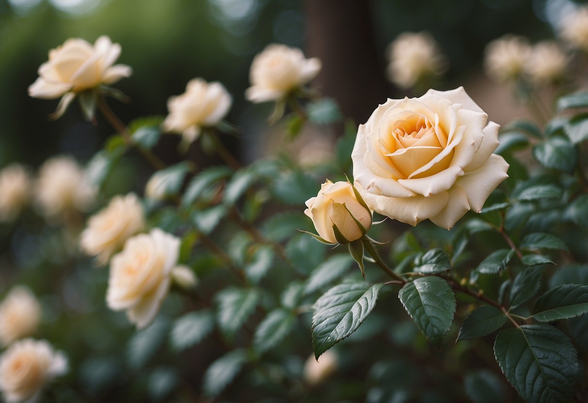 Beige rose bushes bloom in a serene garden, surrounded by neutral-colored elements, creating a peaceful and elegant ambiance