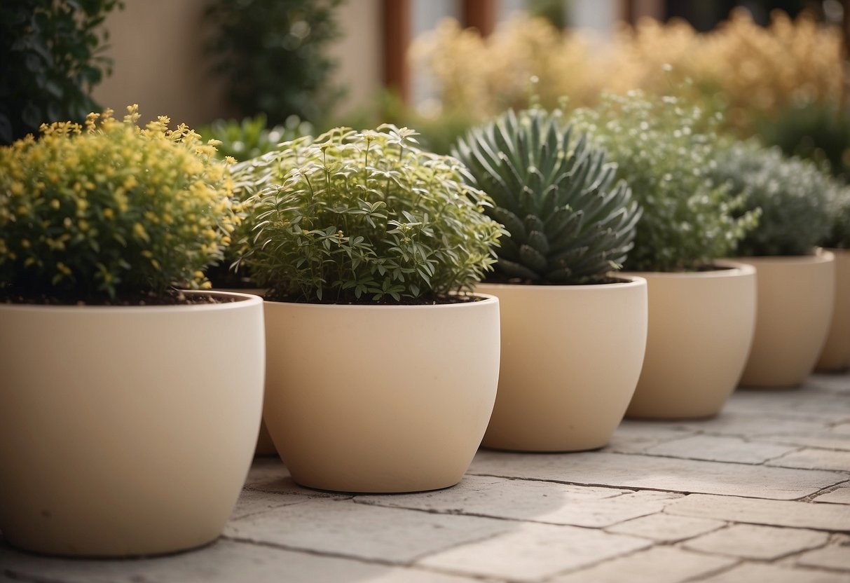 Cream-colored plant pots arranged in a garden, surrounded by beige-colored plants and landscaping, creating a serene and harmonious outdoor space