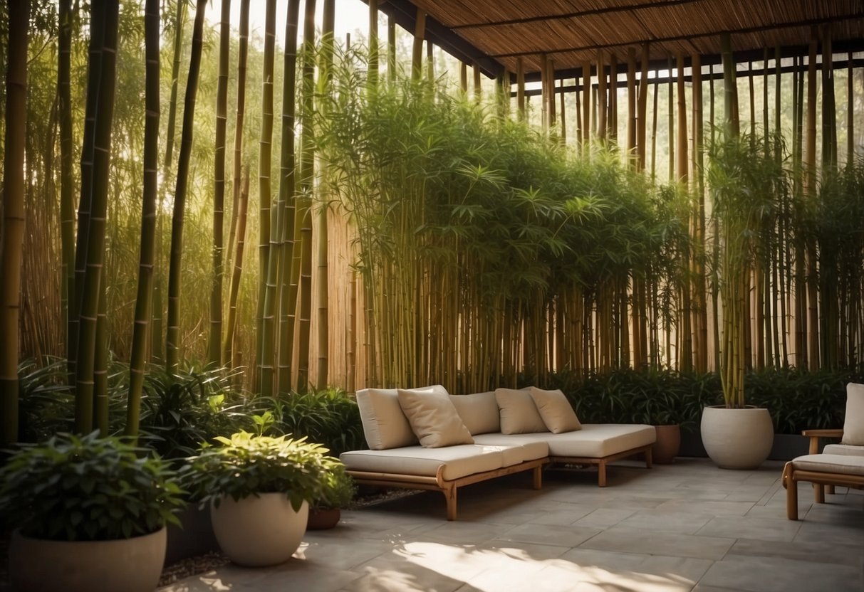 A tranquil garden with beige bamboo privacy screening creating a peaceful and secluded space. Tall bamboo plants create a natural barrier, providing privacy and a serene atmosphere