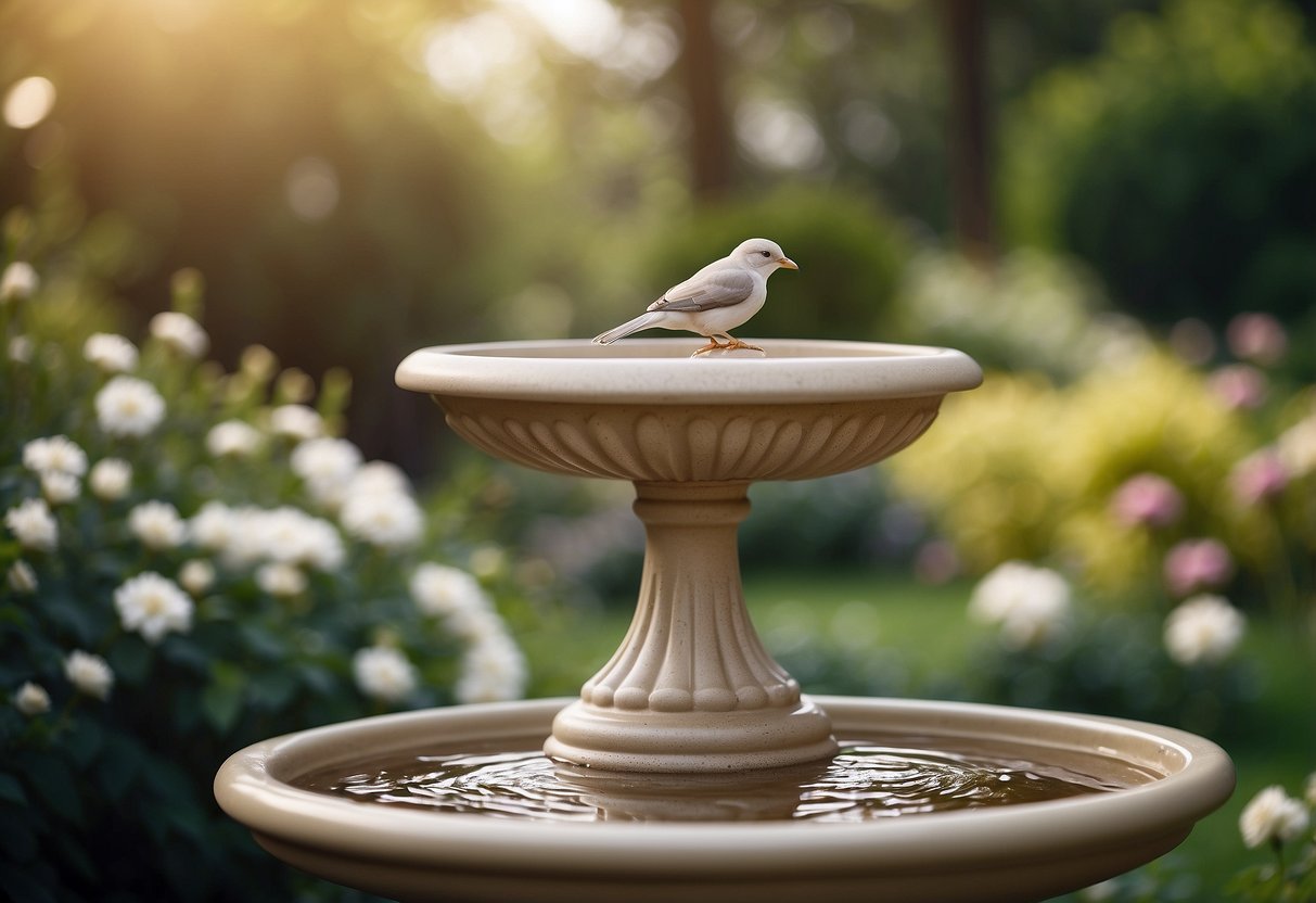 A beige garden with an ivory ceramic bird bath as the focal point