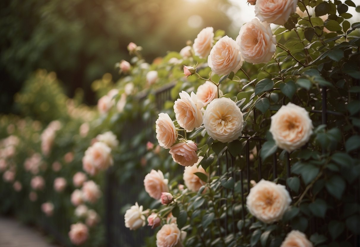 A beige trellis adorned with climbing roses in a serene garden setting