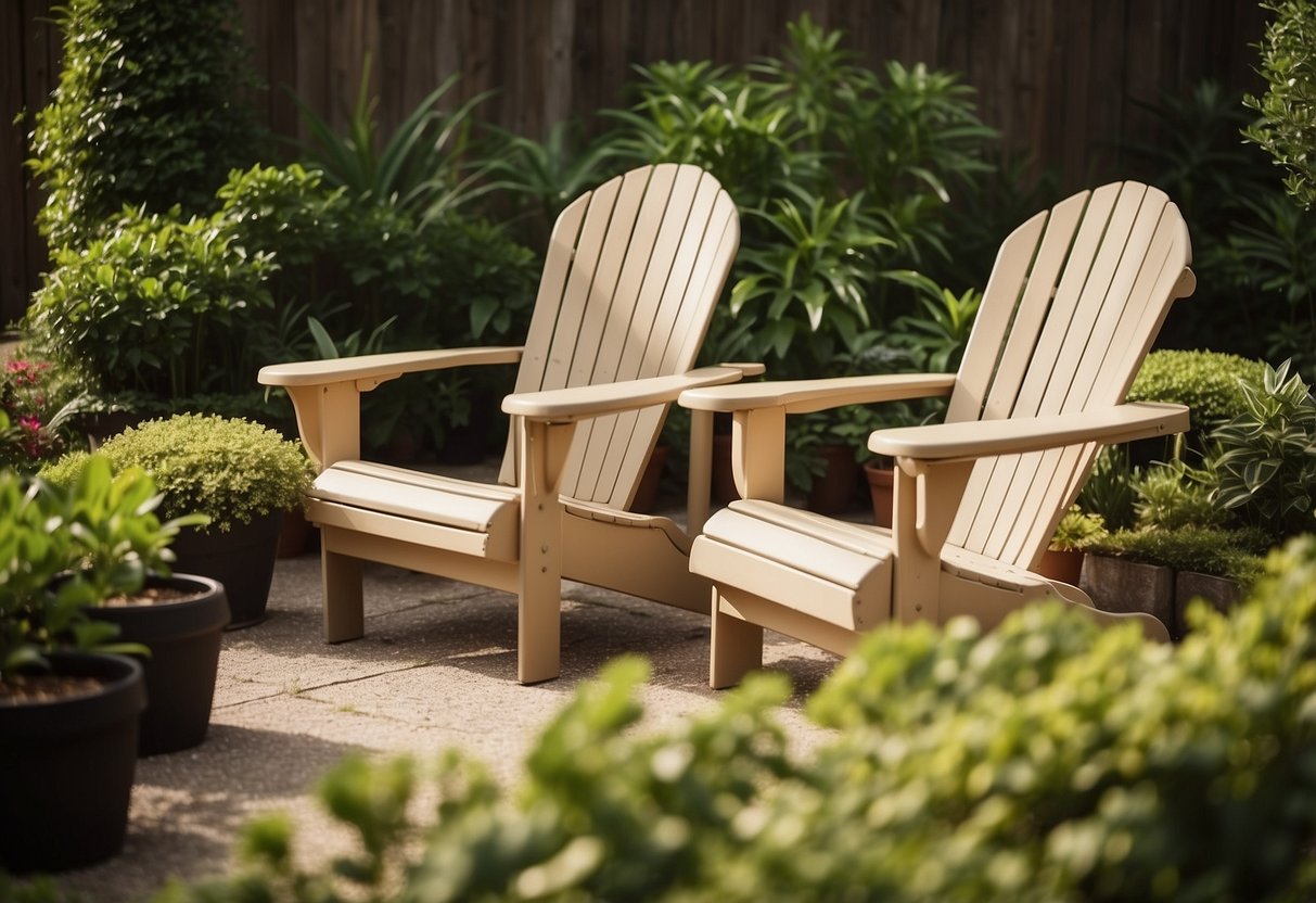 Two tan Adirondack chairs sit in a beige garden, surrounded by lush greenery and potted plants, creating a tranquil and inviting outdoor space