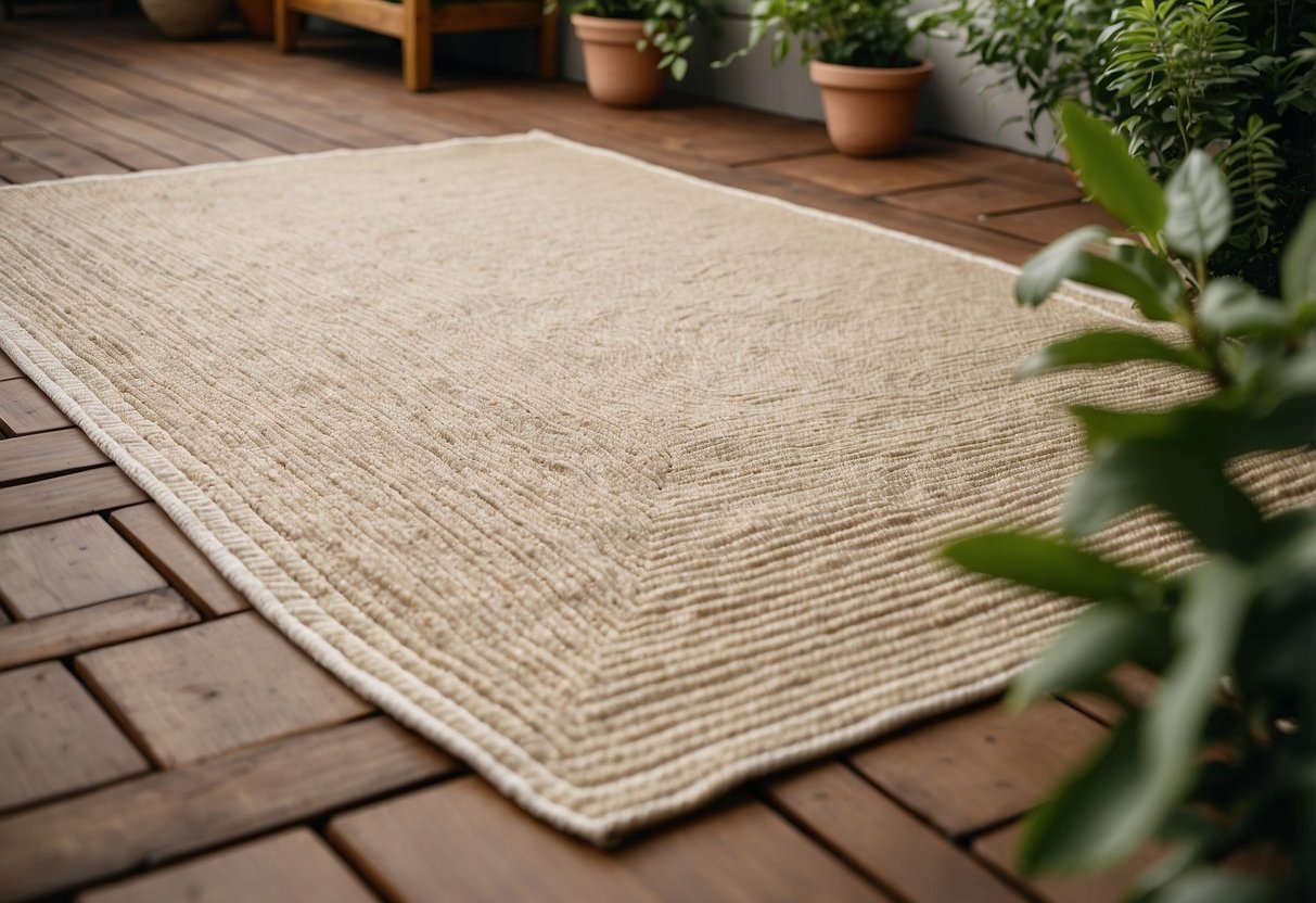 A light beige outdoor rug lies on a patio surrounded by greenery, creating a cozy and inviting space for outdoor relaxation