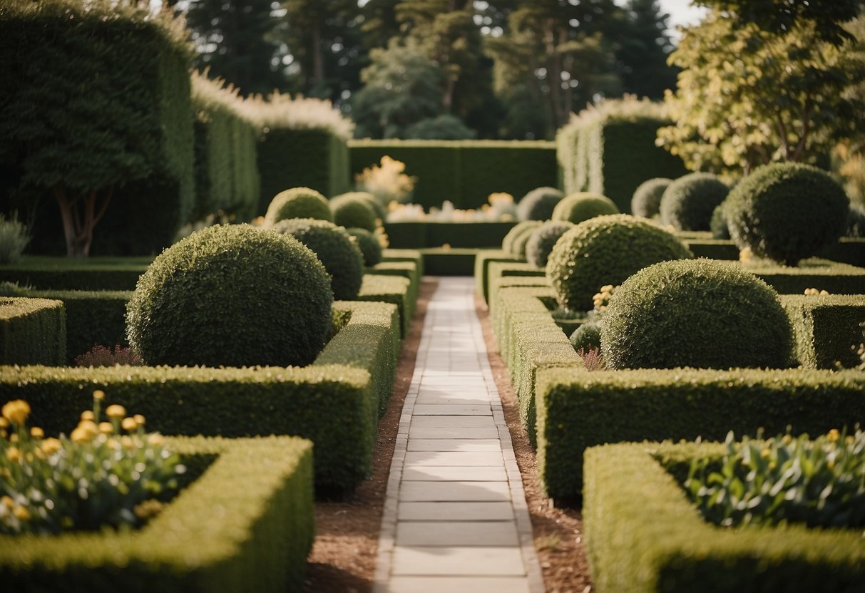 A beige garden with symmetrical pathways, minimalistic plantings, and clean lines. A neutral color palette with pops of green and brown accents