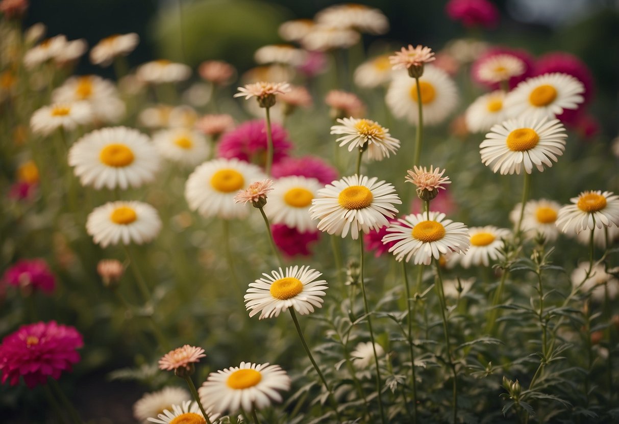 A beige garden with pops of complementary colors in flowers and accents