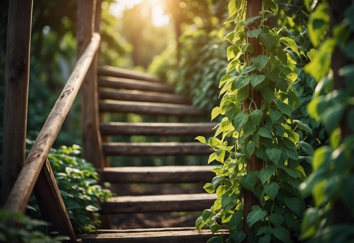 A rustic ladder leans against a wooden trellis, adorned with lush green bean vines spiraling upwards, creating a picturesque garden scene