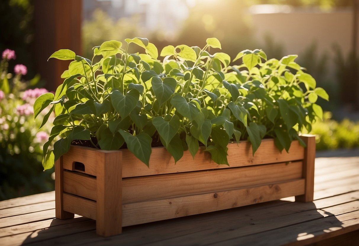 A wooden patio bean planter filled with lush green bean plants, surrounded by colorful flowers and herbs, basking in the warm sunlight