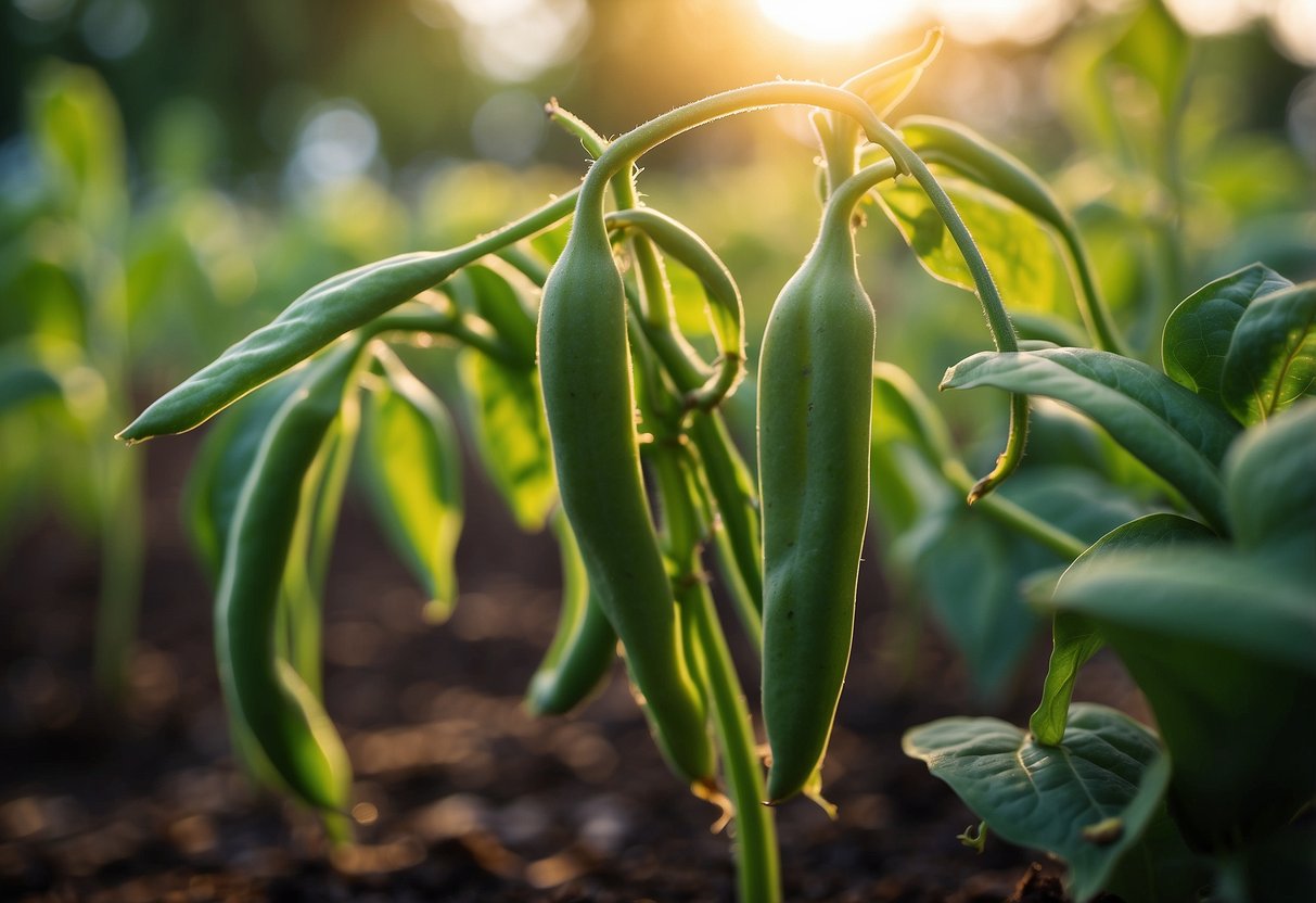 Lush green bean plants thrive in a well-tended garden, with vibrant leaves and tendrils reaching towards the sun, showcasing the benefits of growing beans in your own backyard