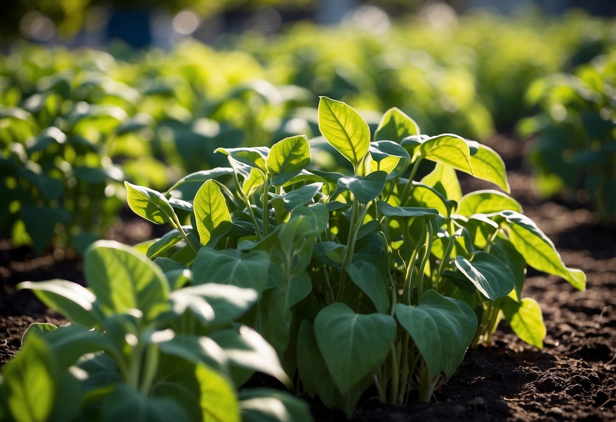 A variety of beans grow in neat rows in a garden plot, including bush beans, pole beans, and runner beans. The vibrant green leaves and colorful pods create a visually appealing display