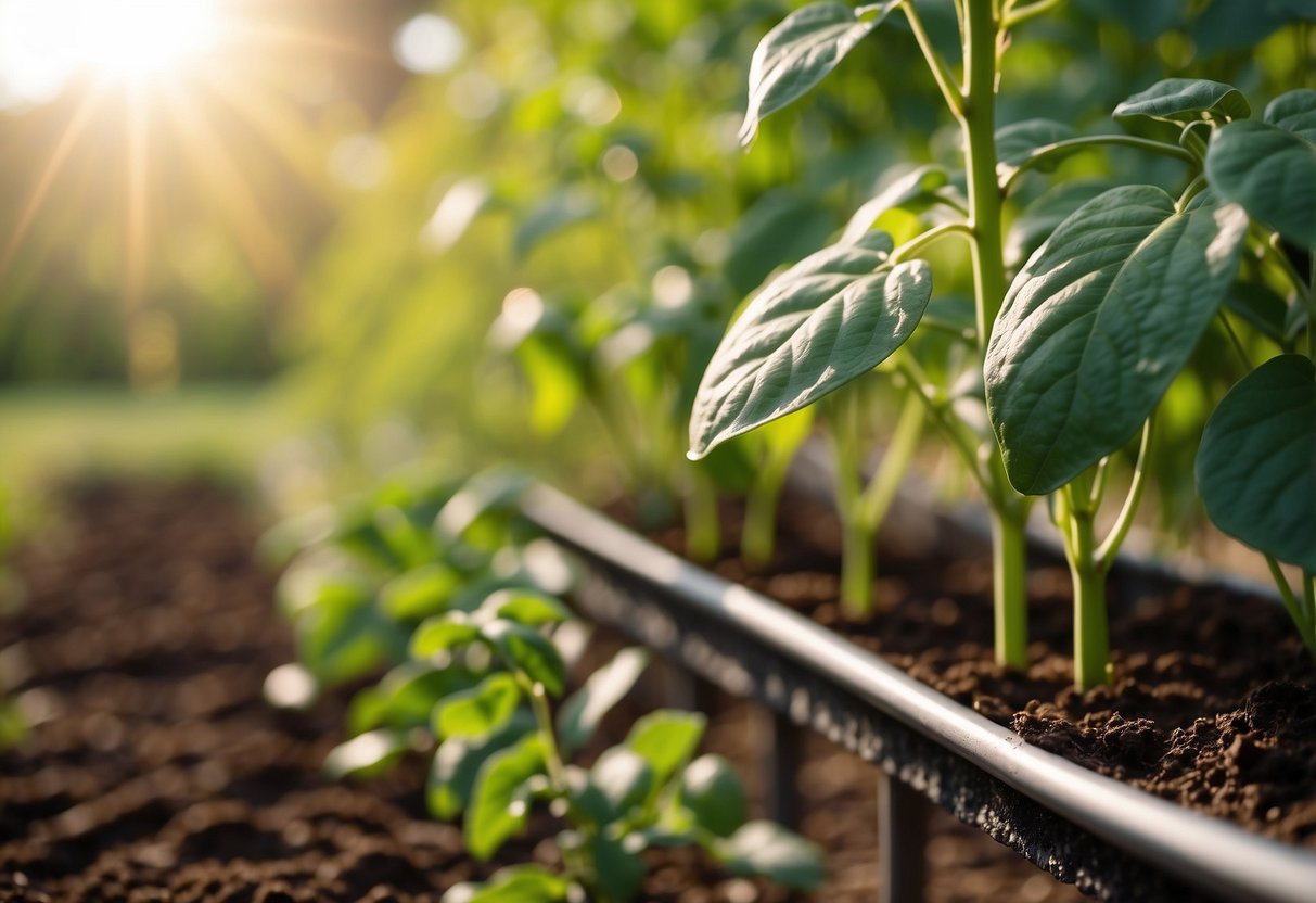 Lush soil, ample sunlight, and regular watering create ideal conditions for growing beans in a garden. Trellises provide support as the plants climb and produce vibrant green foliage and pods