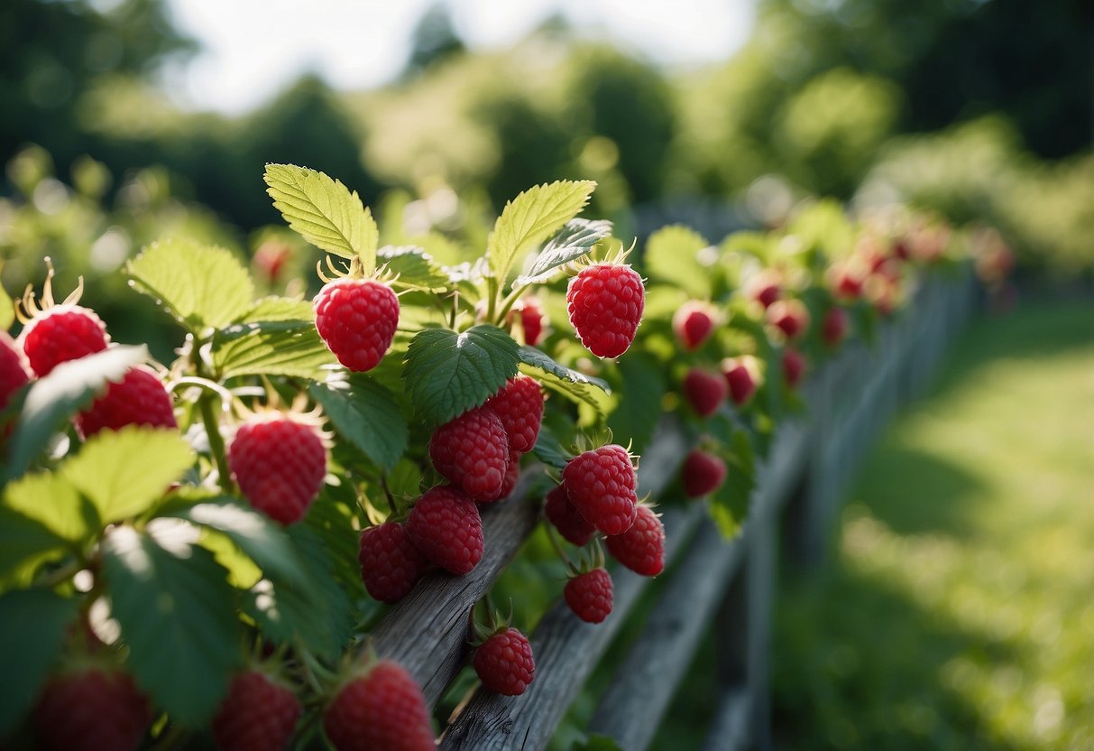 A lush garden with a raspberry fence border, filled with ripe berries and vibrant greenery